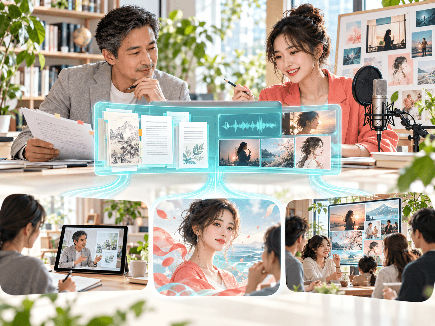 AI 共创概念视觉:创作者围绕图像、声音与视频协作